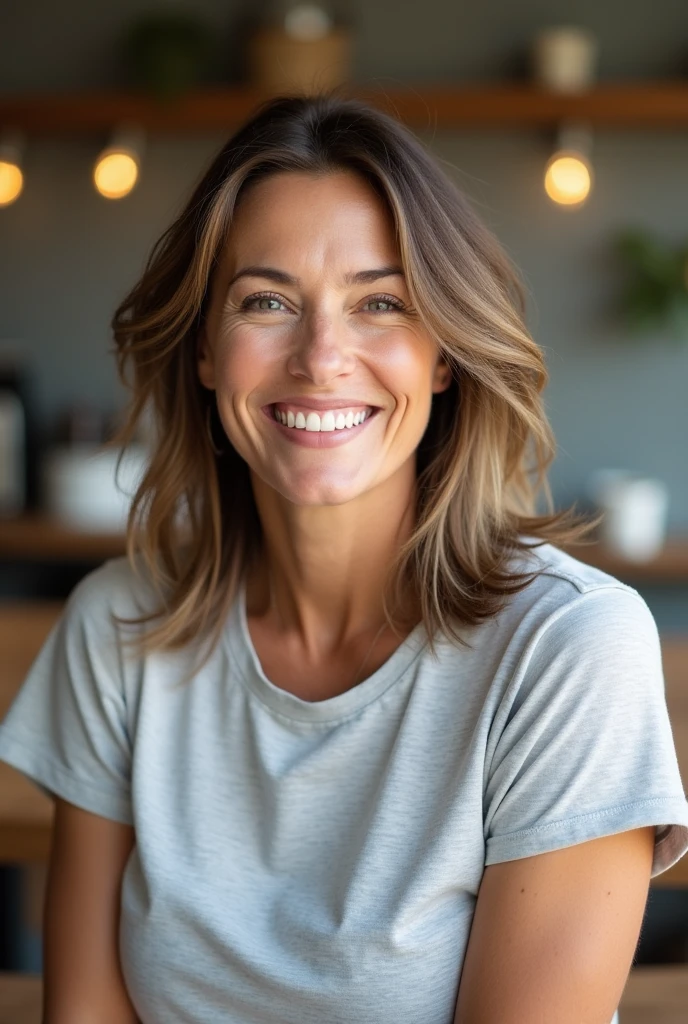 A casual and relaxed image of a 40-year-old woman to use as a profile photo on social media. She is in a casual setting, like a cafe or a park, smiling naturally. The woman has loose, slightly wavy hair., and wear a comfortable and casual t-shirt in a neutral color, like light gray or white