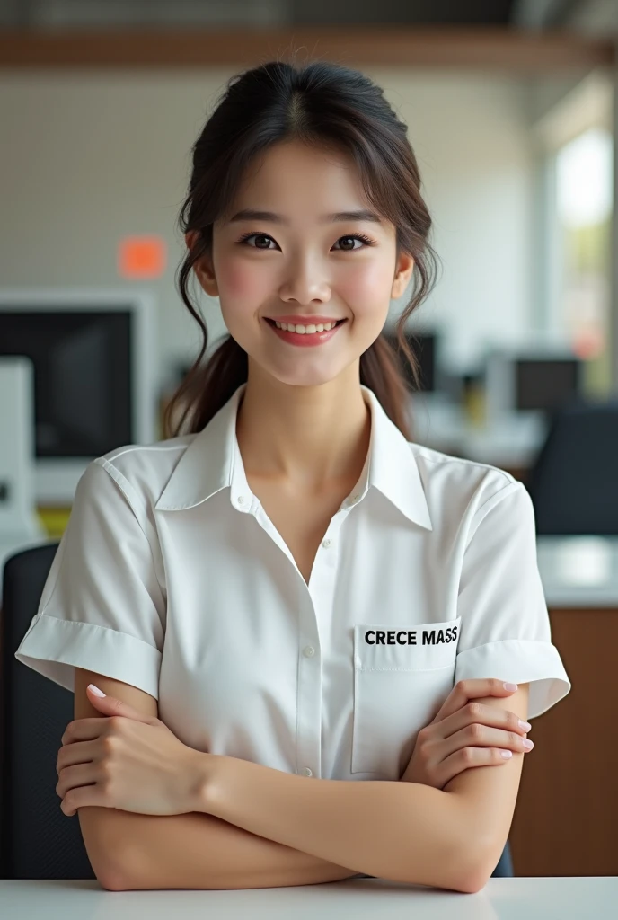 Create a realistic image of a young cashier in a white shirt . That on the chest is written in capital letters : "CRECE MASS". In addition, the young lady is sitting with her arms crossed in a financial institution.