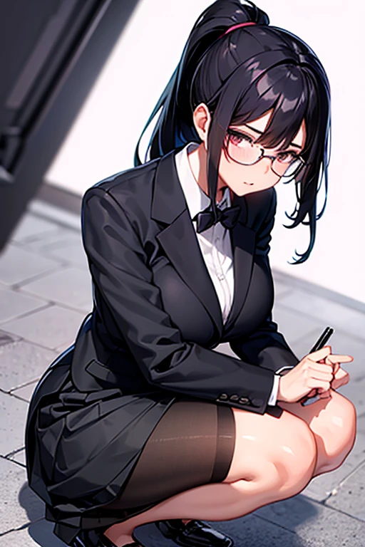 Girl, black hair, ponytail, teacher, formal suit, miniskirt, glasses, school corridor, large breasts, ballpoint pen at feet, squatting down to pick it up