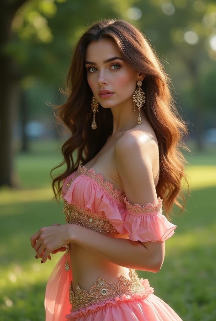 Woman girl Jennifer connelly Young 20 years old model long hair Brow n blue eyes dress Pink golden arabic belly dance ruffles lace long earrings gold diamonds in park 