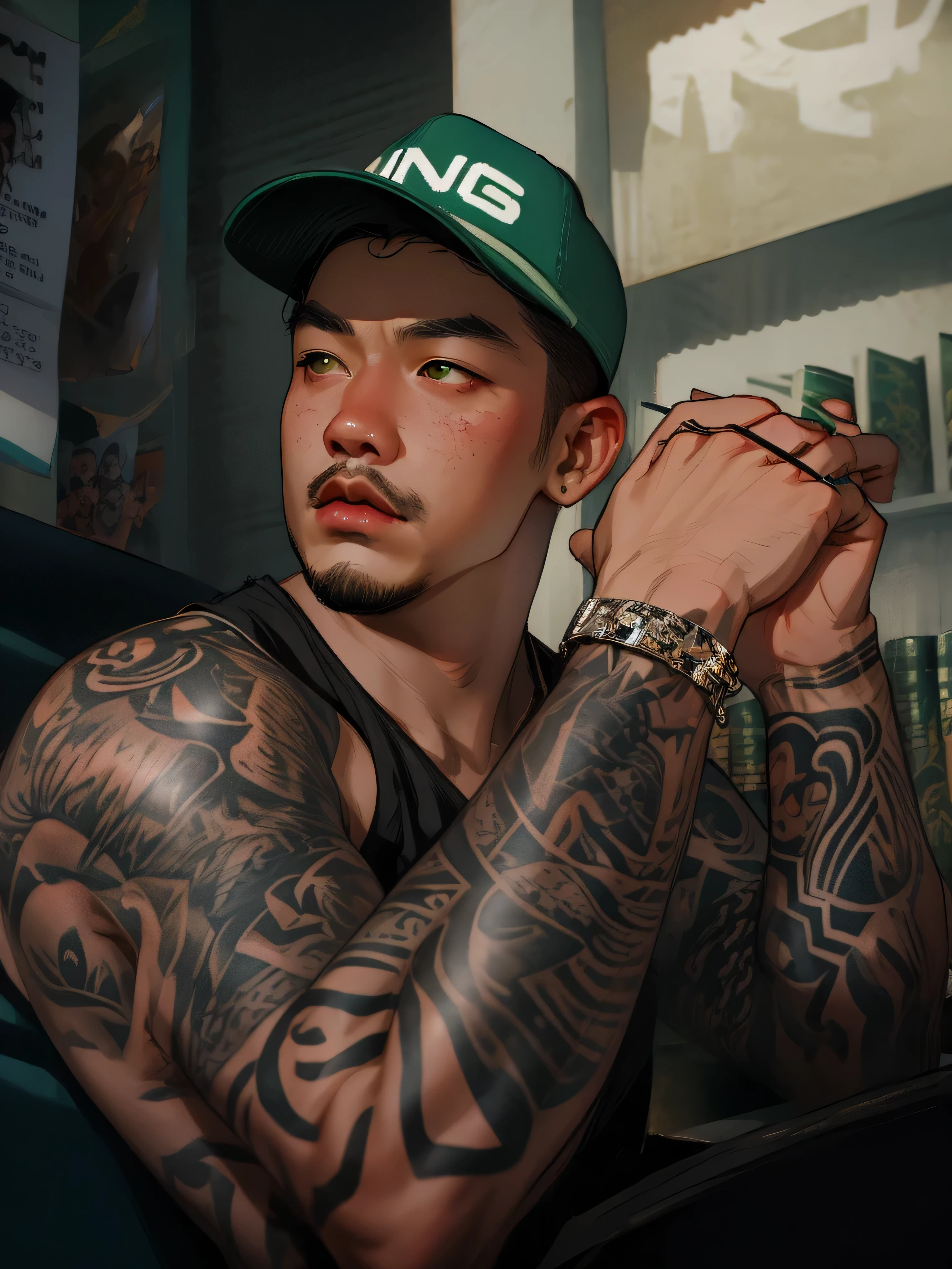 arafed man with a green hat and a tattoo on his arm, inspired by Eddie Mendoza, darren quach, arms covered in gang tattoo, kakar cheung, tattoo artist, jim cheung, ja mong, jeremy cheung, damien tran, keng lye, frank cho, bao pham, hoang long ly, david luongHD, (Best Detail), (Best Quality), colorful,
