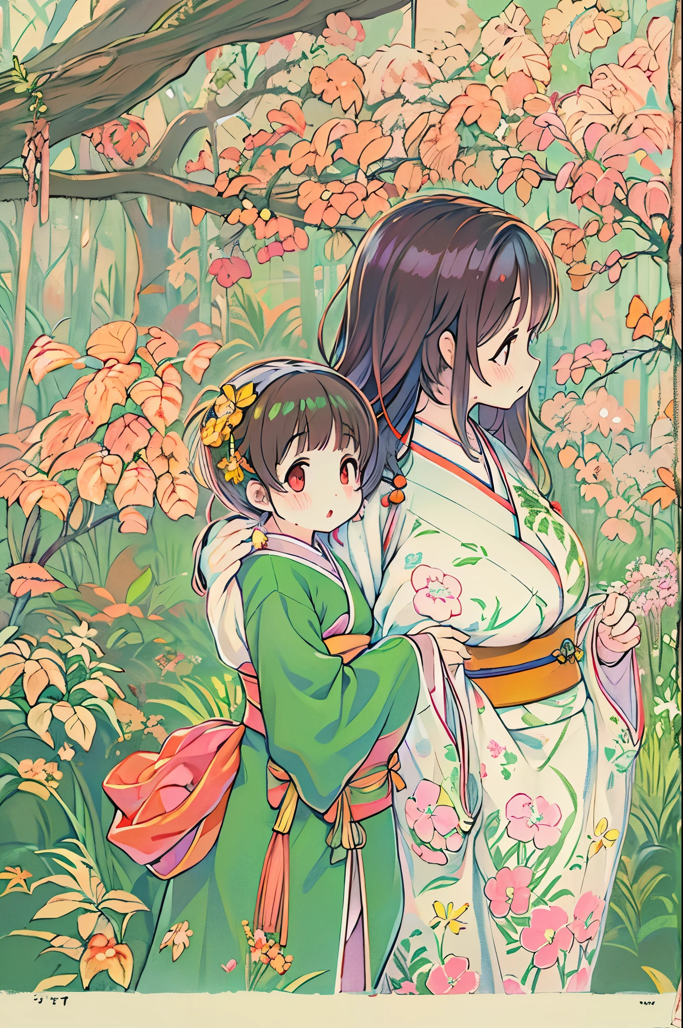 Fairy tale illustration/Reiko Ikemura, Pixabay, Simple Art, Full color illustrations, かわいいFairy tale illustration, Picture book illustrations, figure, Hayao Miyazaki Style, on site, kimono, kimono、Two Girls、Lesbian