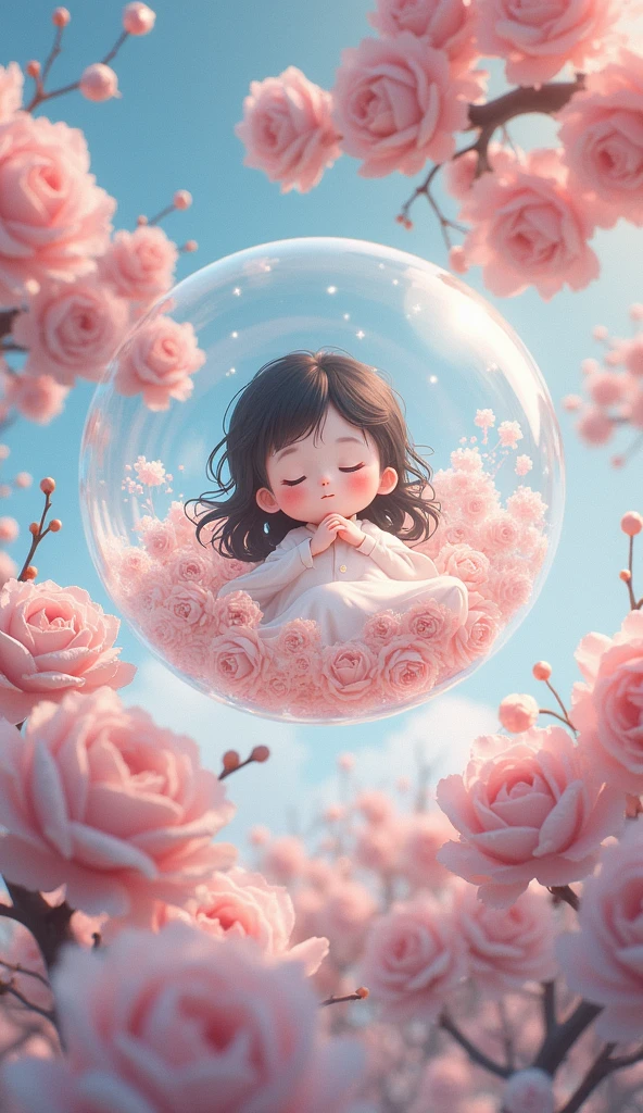 Child floating in a bubble surrounded by pink flowers, child, japanese cartoon style, cute detailed digital art, 中 元 节, 🚿🗝📝, anime wallpaper 4k, anime wallpaper 4 k, anime art wallpaper 4k, anime art wallpaper 4 k, cute digital art, trending anime artwork, anime cover