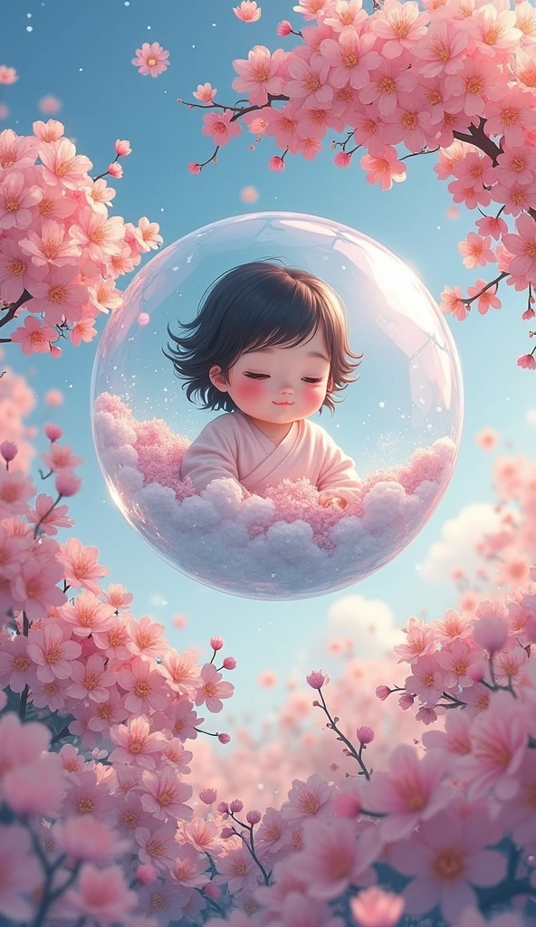 Child floating in a bubble surrounded by pink flowers, child, japanese cartoon style, cute detailed digital art, 中 元 节, 🚿🗝📝, anime wallpaper 4k, anime wallpaper 4 k, anime art wallpaper 4k, anime art wallpaper 4 k, cute digital art, trending anime artwork, anime cover