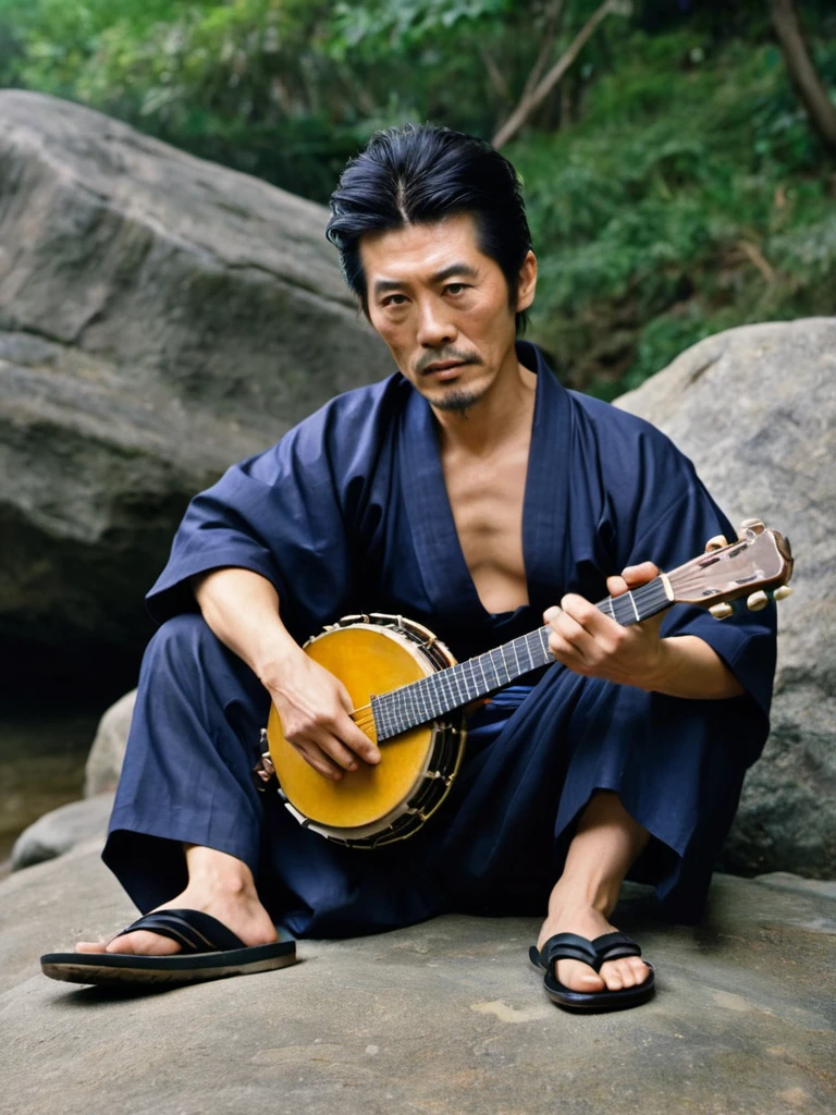 a Photorealistic wide shot of Japanese actor Shintaro Katsu as his character Zatoichi playing heavy music, dancing wearing traditional Japanese sandals playing a Banjo and wearing aviator sunglasses