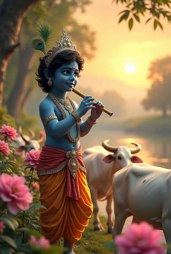 "A captivating scene of Lord baby Krishna playing the flute. He has a deep blue complexion, adorned with a peacock feather crown and silver ornaments. His serene smile radiates peace. He is standing by a sacred river, surrounded by lush green trees and a garden full of blooming flowers. White cows gather around his feet, while a few Gopis gaze at him in admiration. The warm glow of the setting sun casts a heavenly aura over the entire scene."