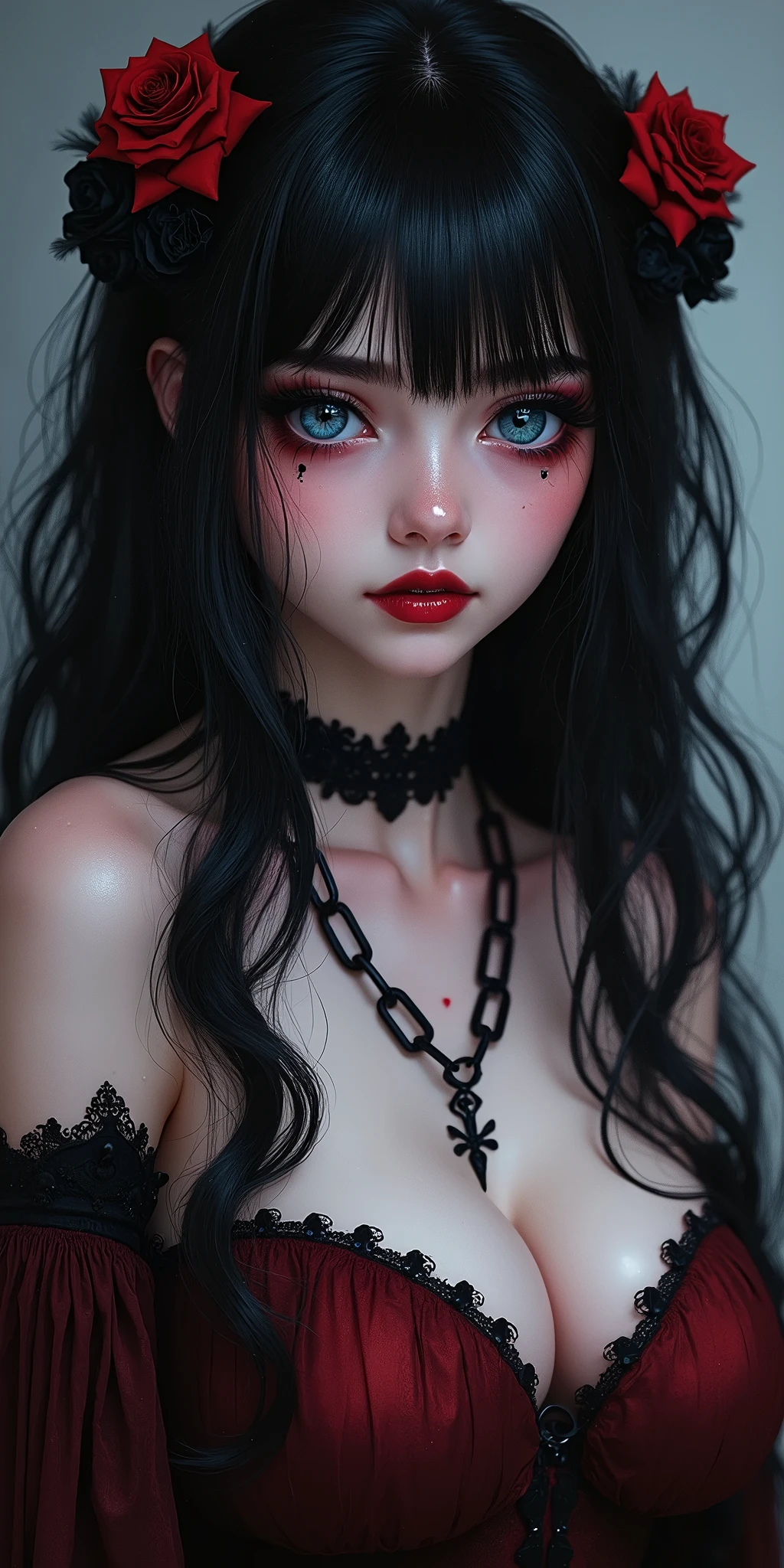 (best quality, ultra-detailed, photorealistic: 1.39), bright and vibrant colors, studio lighting, romantic expression, An effeminate girl, with a delicate and beautiful face. She is a girl who reflects seductive beauty, sparkling eyes, dark gothic makeup, dark gothic punk style, gothic healed woman, A Beautiful and adult woman and voluminous dark gothic black hair, hair, crying a seductive 2 woman with big breasts seduces, matches the gothic makeup, pleasurable sadistic expression, with her large breasts seduces, gothic style dark gothic dark crimson red dress, with white tones in the fabric, high collar, gothic goddess, dark gothic style, blurred dark gothic makeup, chained, with her blue eyes that matches her sadistic smile, black gothic style, in a beautiful pose demonstrating her seduction medieval castle of darkness, black skulls, with soft lighting, anime style, like a manwha character