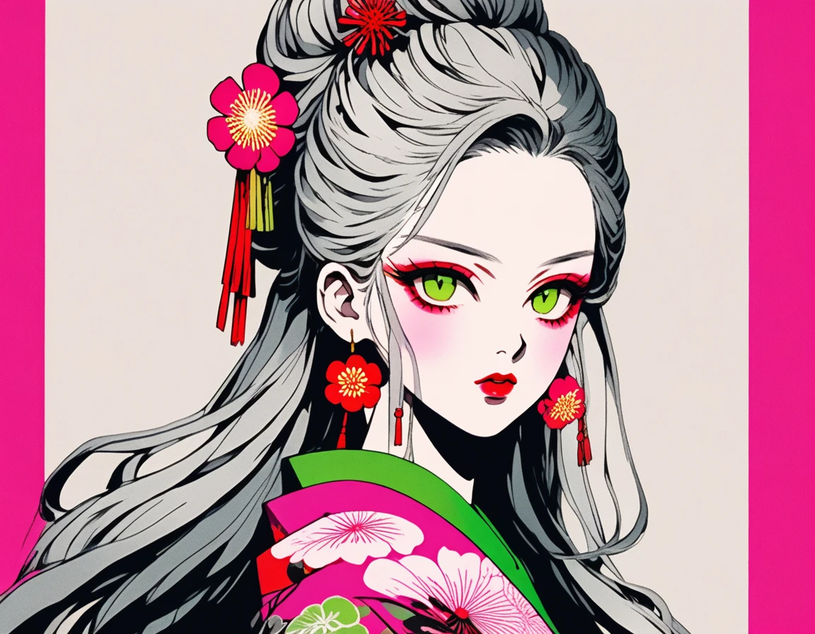 (Highest quality, sketch:1.2),Authenticistic,Illustrator,anime,1 girl, Detailed lips,custom,,Neon Hair,Texture Clipping,masterpiece, style: Retro Classic, Dark Black、Gray Hair、Silver Hair、Fair skin、Pink lips、Kimono with tank top、Red eyeshadow、Super Beauty、beautiful、Yellow-green eyes、Shocking pink plum blossom background