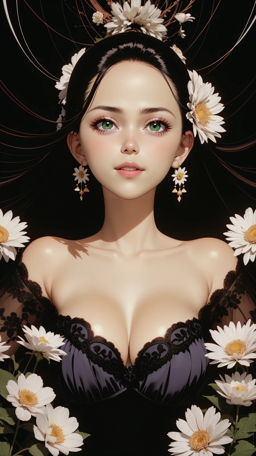 An exceptional pretty female, partially colored, lineart style, (simple background:1.5), (black and white flowers, symmetrical composition:1.25), (outstanding composition, masterpiece:1.4), very aesthetic, perfect composition, intricate details
