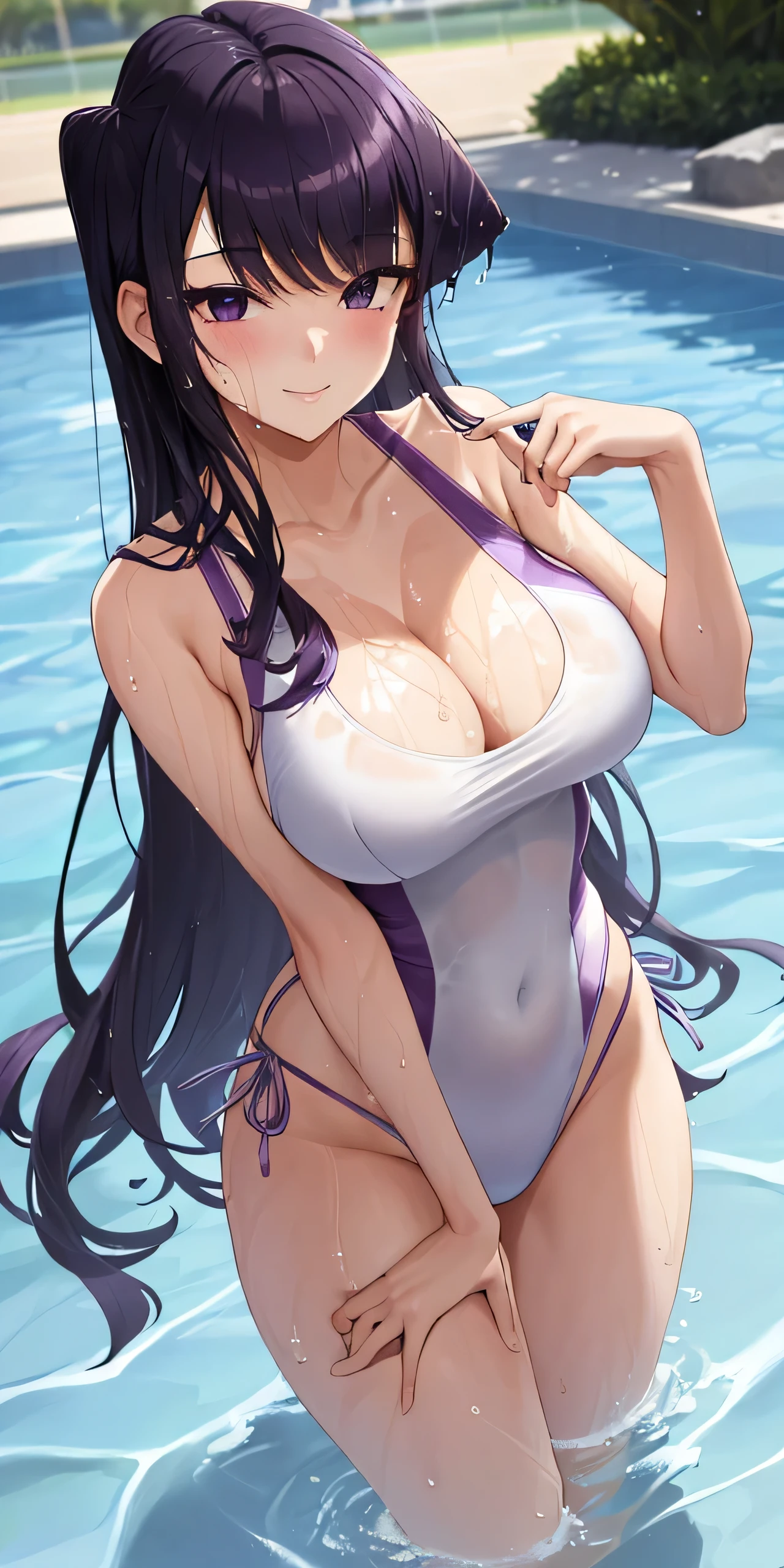 1girl, solo, komi shouko, long hair, purple hair, purple eyes, large breasts, cleavage, thighs, (one piece swimsuit), erotic pose, smiling, detailed hands, swimming pool, (soaking wet:1.2)