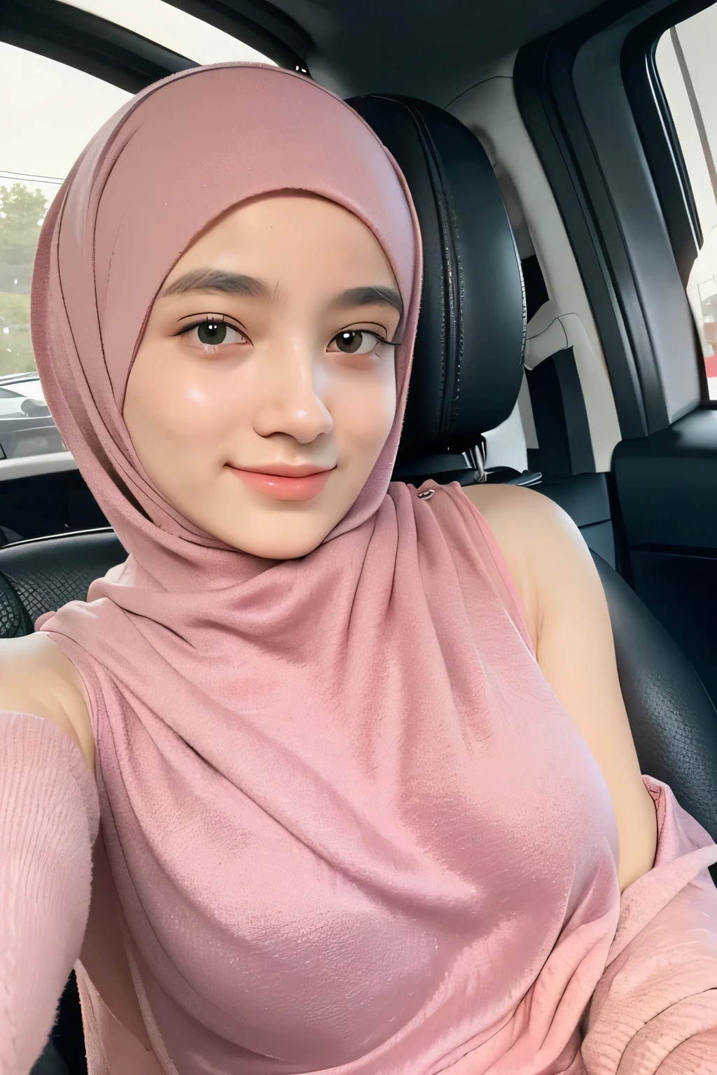 1 lady, 20 years old, best body, wearing pink hijab, hijab covers whole hair, wearing brown sweater, off shoulder, warm lighting , sitting in car, seat belt, night time, casual wear, close shot, shot from high angle, wearing big necklace, shiny skin, big breast (huge breast 1.6), selfie style