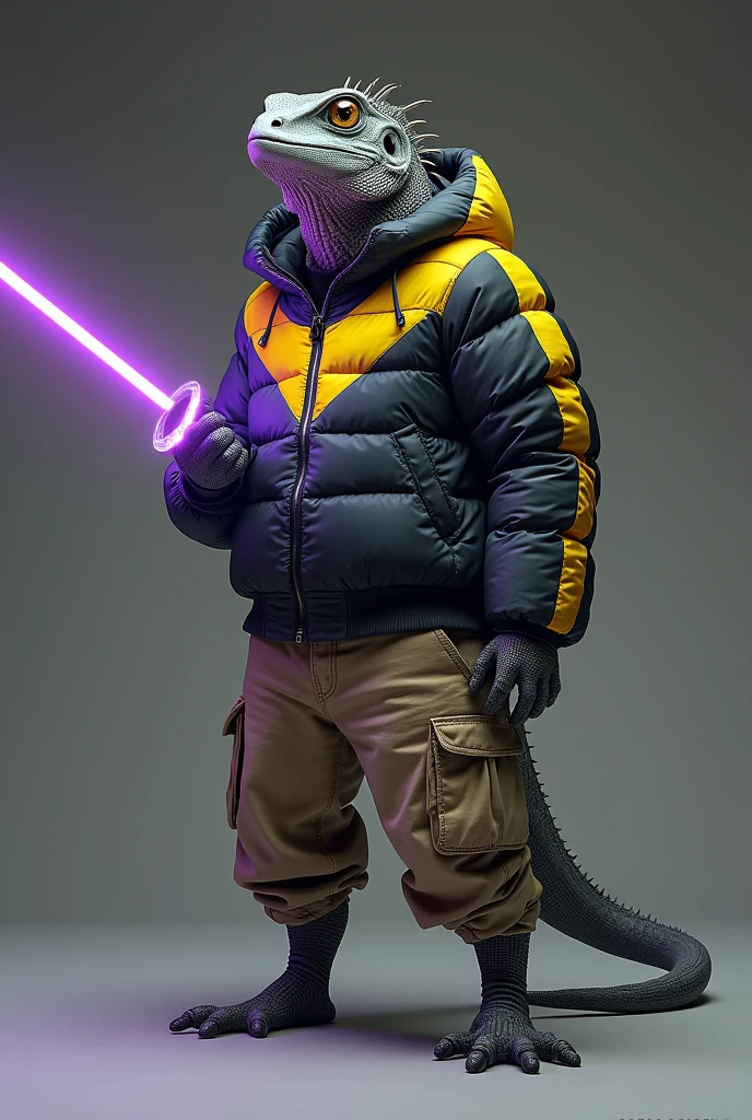 A grey lizard with yellow stripes that wears a black mix with grey and yellow line  puffer jacket. Also that wears khaki loosepants. The grey lizard holding a purple energy sword.