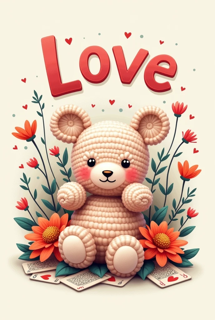 Logo with amigurumi, cards, flowers and large title details of the loving
