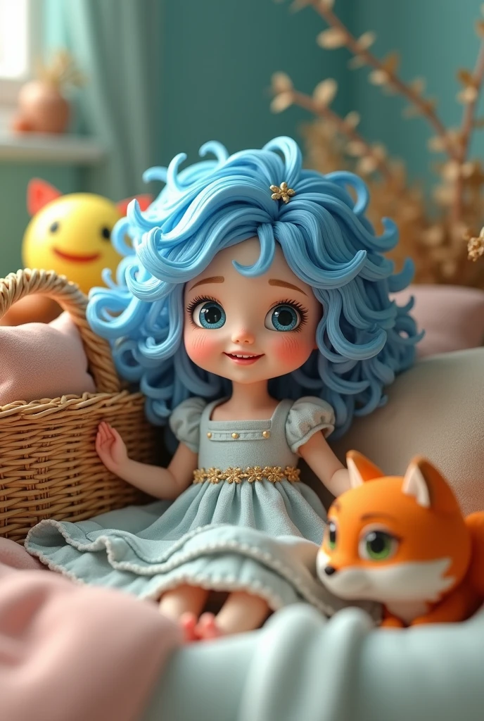 A beautiful baby smiling lips
girl with blue curly hair and blue eyes.
Next to an old basket, there is a smiley face inside.
The orange fox is beautiful.
in a beautiful bed
Style 3D
