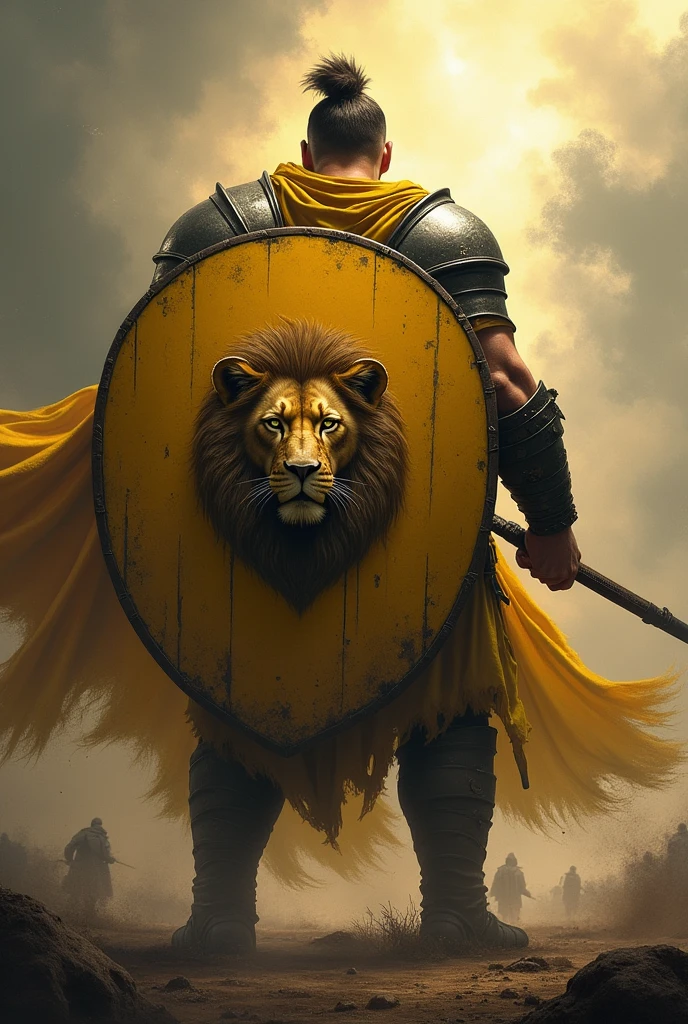 Warrior from behind with yellow shield with a lion's face in the center