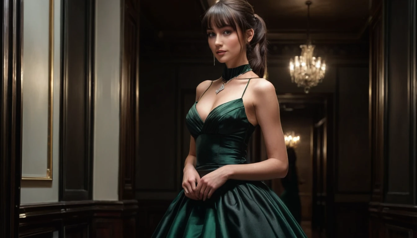 1 person, Caucasian female, 30 years old, slim waist, very tiny breasts, medium thighs, small stomach, beautiful black ball gown, Brunette, ponytail with split bangs, detailed face:1.5, diamond necklace, dark green eyes, elegantly standing, perfect face:1.5, 4k, ultra realistic