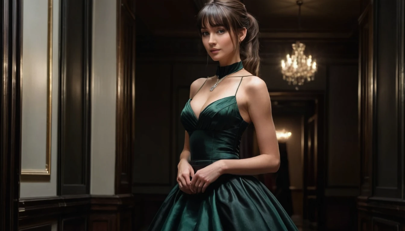 1 person, Caucasian female, 30 years old, slim waist, very tiny breasts, medium thighs, small stomach, beautiful black ball gown, Brunette, ponytail with split bangs, detailed face:1.5, diamond necklace, dark green eyes, elegantly standing, perfect face:1.5, 4k, ultra realistic