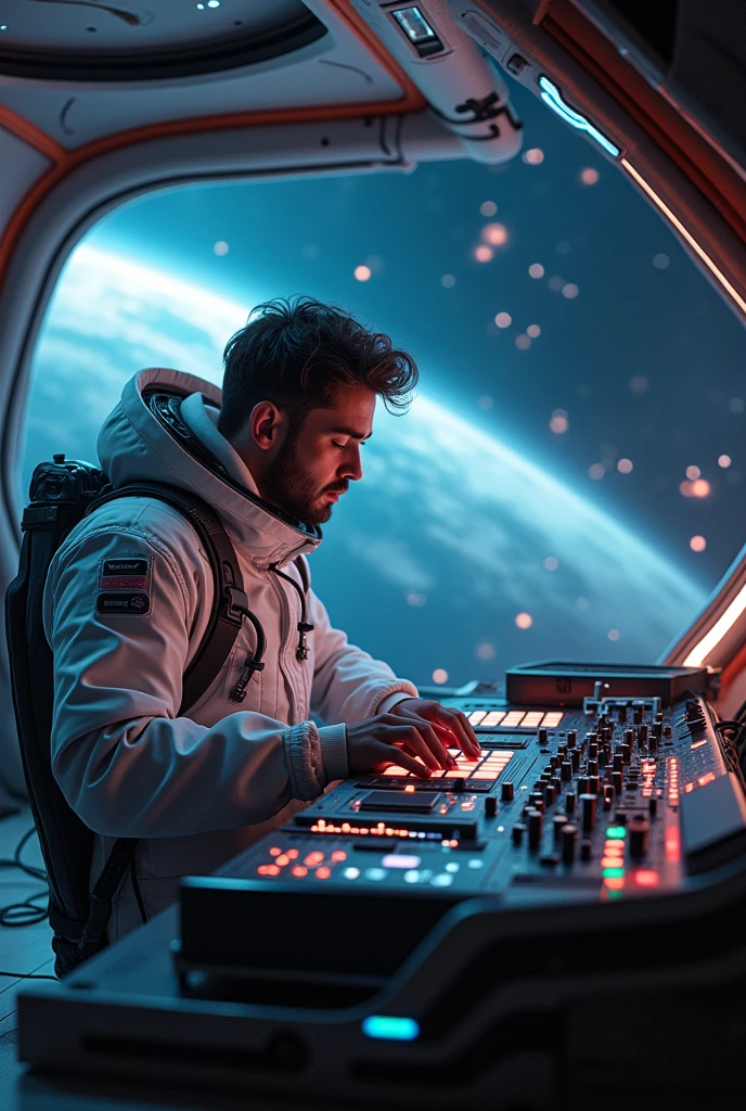 (photorealism:1.2), music producer in space