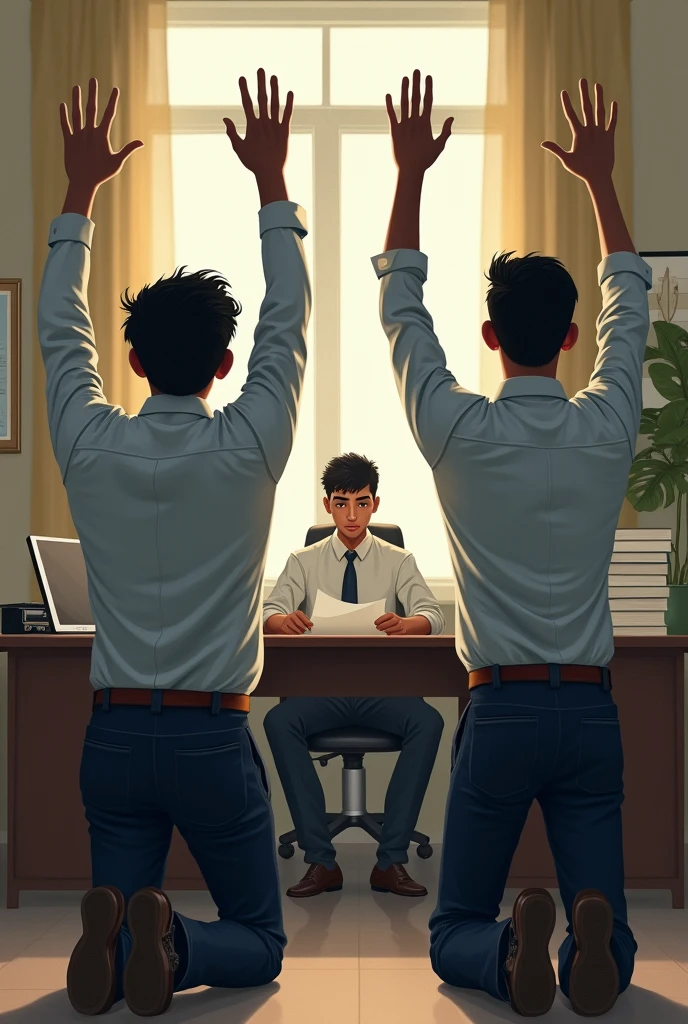 Two 19year indian boys wearing shirt long sleeve with tie and fashionable buckle belt is kneeling straight in the near in the principal's office opposite to the principal's table and princpal is doing some paoer work boys hands raised straight high up above his head with tired looking and hands paining