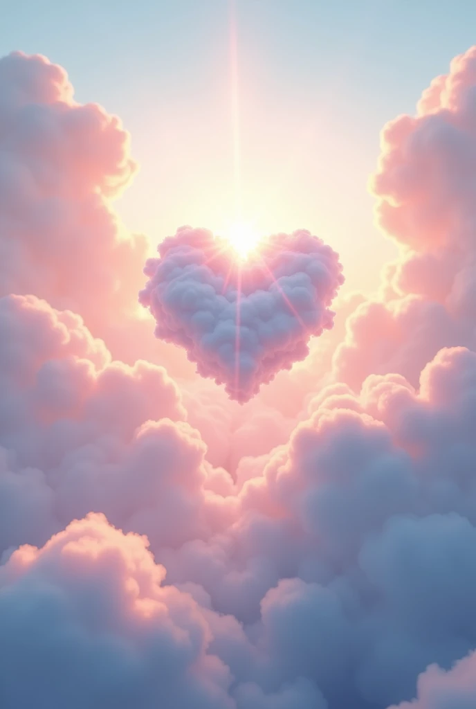A heart-shaped cloud floating in a beautiful sky, surrounded by fluffy clouds. Sun rays shining through, creating a heavenly and serene atmosphere. Soft pastel colors, with a warm and dreamy light.