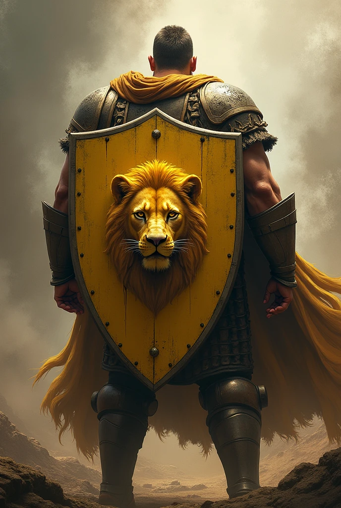 Warrior from behind with yellow shield with a lion's face in the center