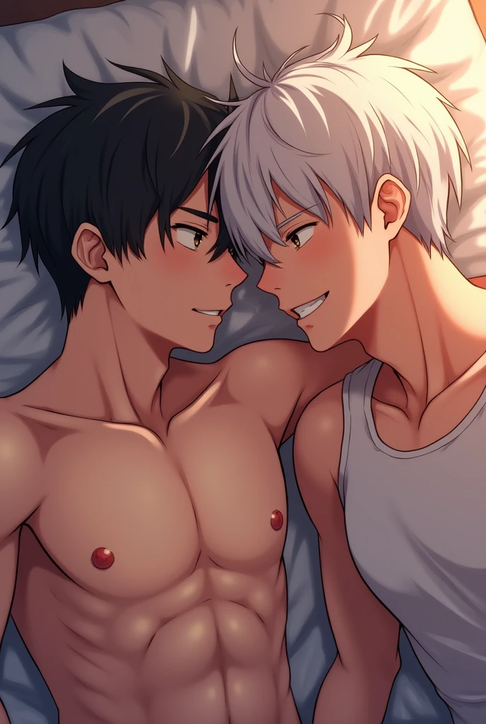 Two men having sex, A short black haircut,Another short white hair, Lying in bed, The one with short black hair (love) pissed,The one with short white hair (love) Anime with a smile