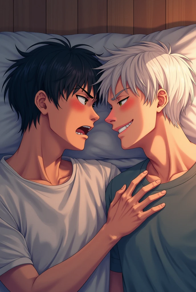 Two men having sex, A short black haircut，Another short white hair, Lying in bed, The one with short black hair (love) pissed，The one with short white hair (love) Anime with a smile