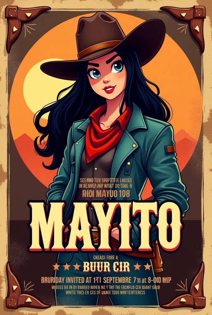 Create an invitation for my birthday, My name is Mayito, It's September 7th at 9:00pm in Sauces 6 mz 277 v2.
The style that is cowboy, Take into consideration that I am pretty with long black hair
