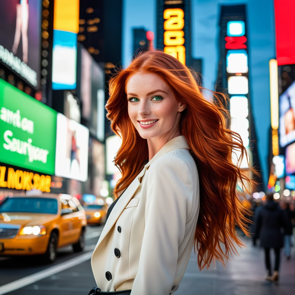 "Create an image of a stunning red-haired model standing confidently in front of a famous tourist destination. The model has long, flowing red hair that catches the light, with expressive green eyes and a radiant smile. She's dressed in a stylish, modern outfit that complements her vibrant hair color. The background showcases a well-known cityscape, Times Square in New York, bustling with activity and illuminated by city lights. The scene should have a lively, energetic atmosphere, highlighting the contrast between the model's beauty and the iconic urban setting."
