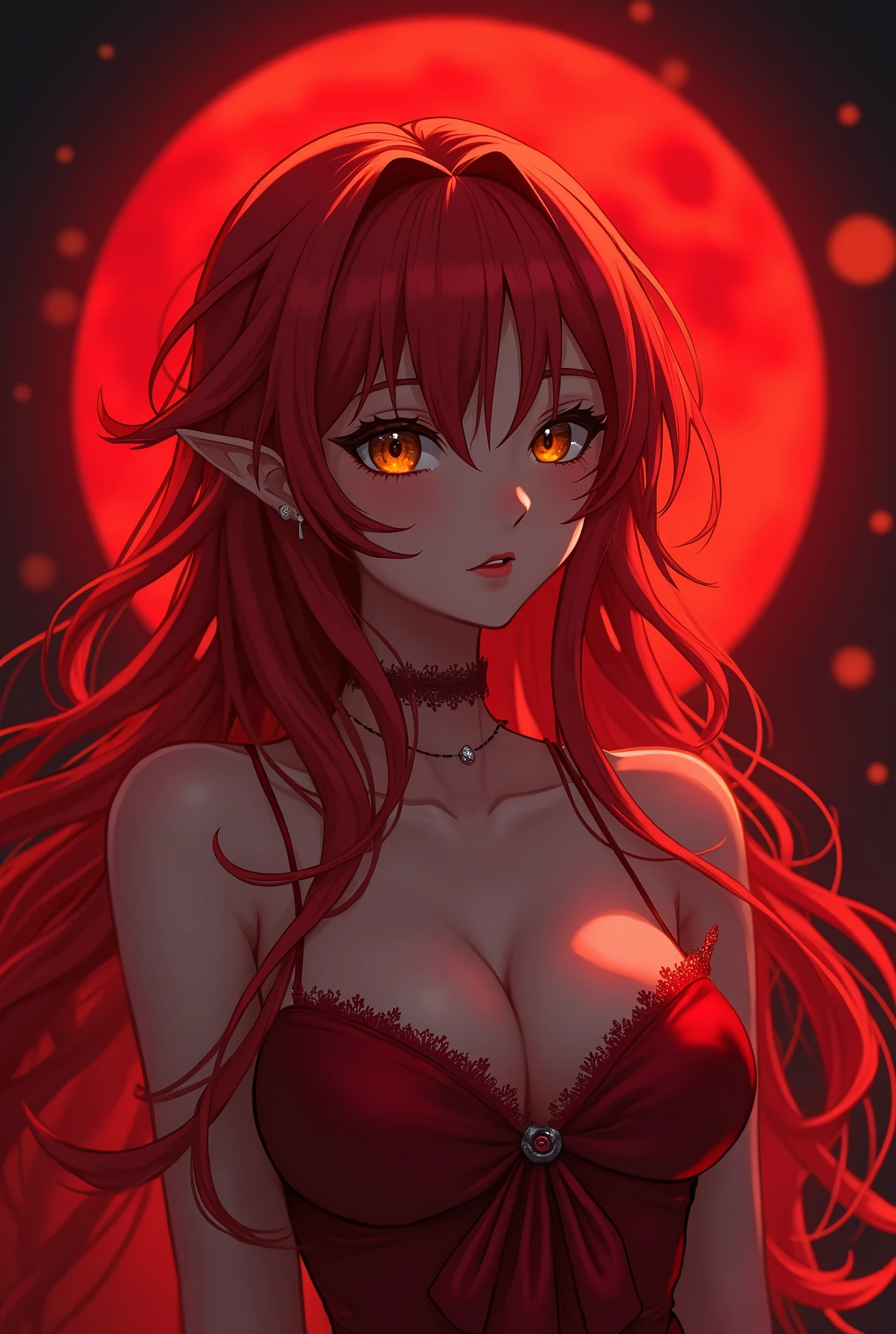 Create a beautiful red night with a red moon, red hair, yellow eyes, japanese girl, cleavage, busty,