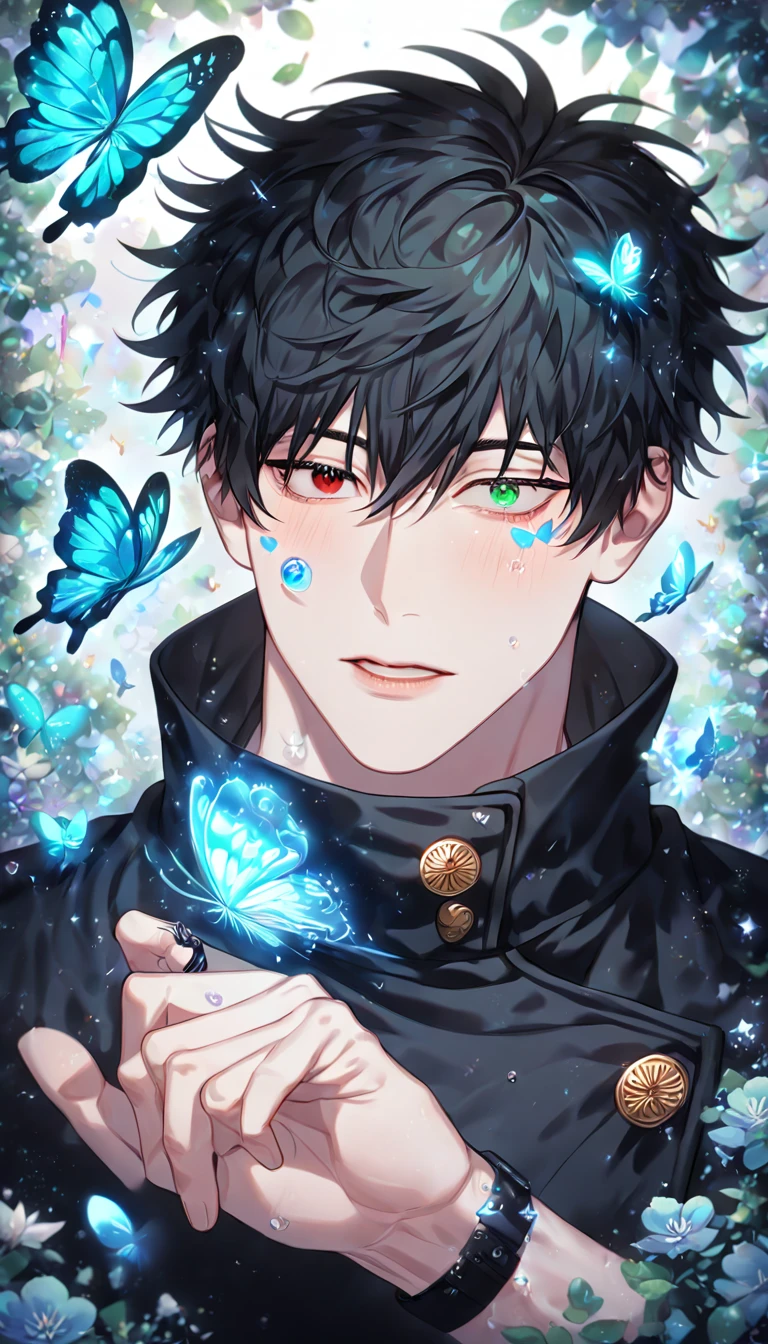 absurdres, highres, ultra detailed, HDR) master piece, best quality, extremely detailed, detailed eyes, delicated features, Kang Woojin, black hair, messy hair, heterochromia, expressive right eye red, expressive left green eye, hair between the eyes, Love Jinx, solo, sexy man, handsome, manly man, sensual, adult face, jujutsu Kaisen uniform, black uniform, high collar, black gloves, black bracelet, white belt, fantasy, magical, glittering, water, blue flames, blue moon, blue flowers, blue butterflies, garden, Jujutsu Kaisen