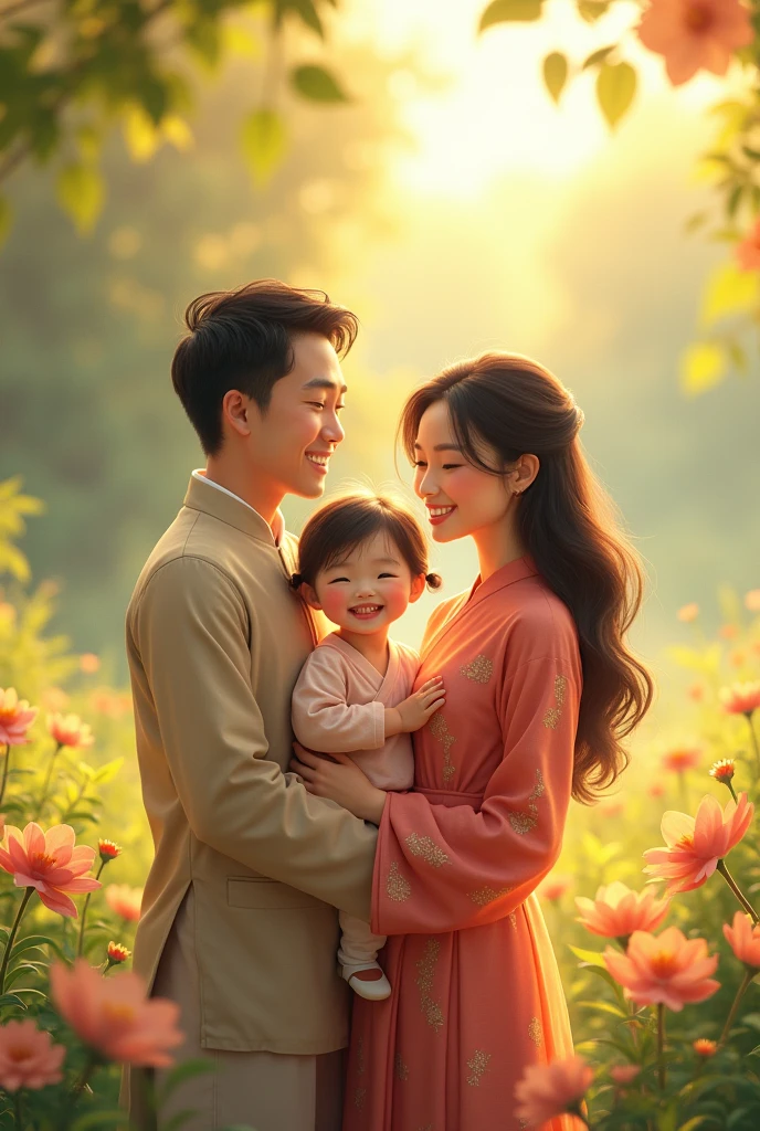 HD picture quality, detailed expression, perfect face, mom and dad holding a little boy happy smile respectively, beautiful flowers in the background, happy, happy
