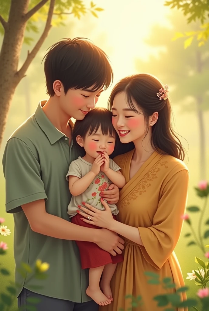 The happiest moment of Asian husband and wife with their little daughter AI picture