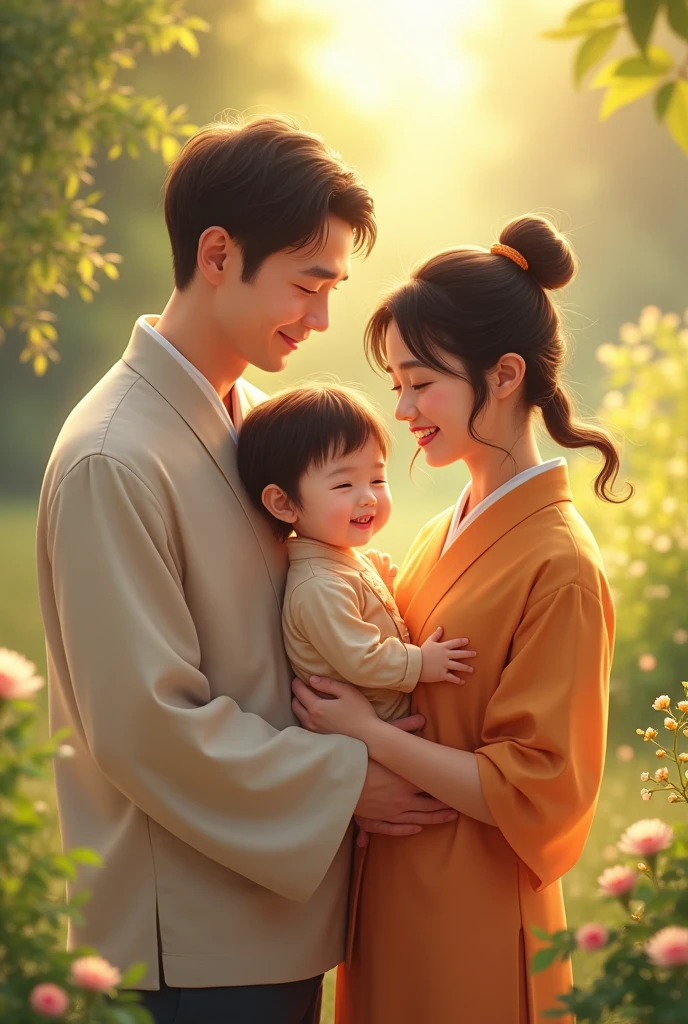The happiest moment of Asian husband and wife with their little daughter AI picture