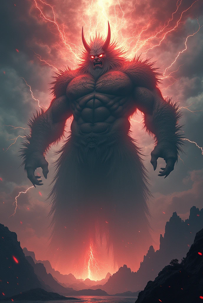 A giant god of rage falling from the sky thunder lightning force Dramatically Japanese Mythology