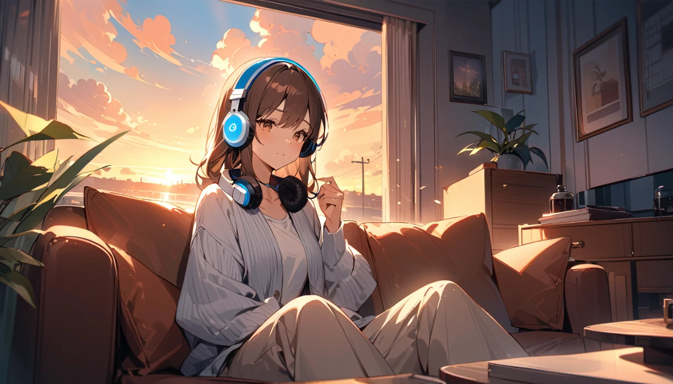 (Brown haired woman wearing headphones), (Relaxing in the living room in the evening listening to background music), (Very detailed, masterpiece, Highest quality, bright), (Anime Style)
background: Orange sky at sunset: Calm eyes closed, relaxed expression: Light cardigan and pants pose: Sitting on the sofa、A scene of people relaxing in a relaxed posture: In a calm space at dusk、Relaxing time surrounded by background music
