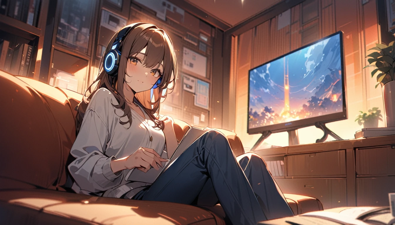(Brown haired woman wearing headphones), (Relaxing in the living room in the evening listening to background music), (Very detailed, masterpiece, Highest quality, bright), (Anime Style)
background: Orange sky at sunset: Calm eyes closed, relaxed expression: Light cardigan and pants pose: Sitting on the sofa、A scene of people relaxing in a relaxed posture: In a calm space at dusk、Relaxing time surrounded by background music