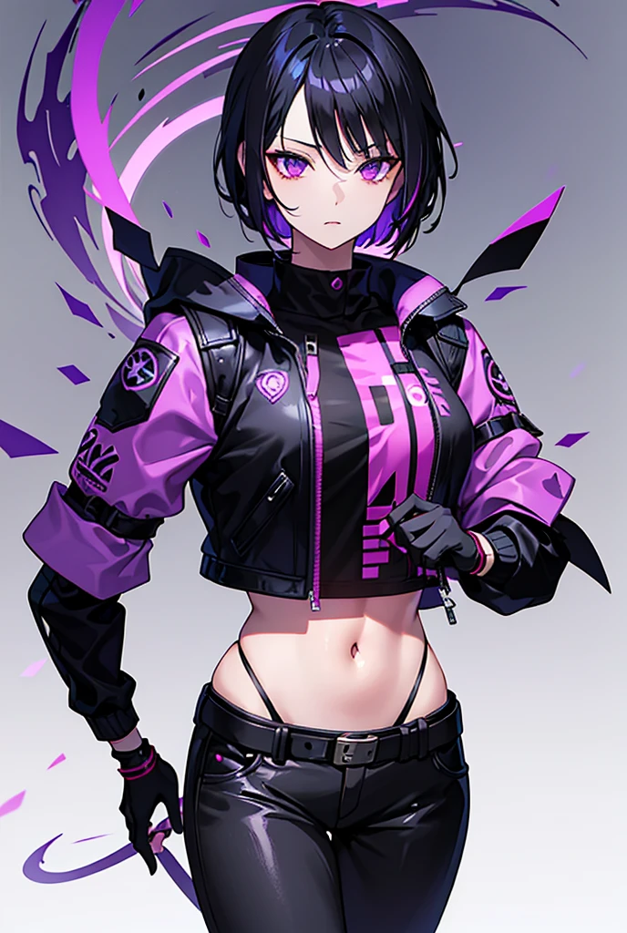 Sexy woman,Black hair purple eyes,Cobra Tattoo,Belly-baring jacket,Shortcuts, Gradient color hairstyle, Textured skin, Highest quality,Anime Style, Character portrait, Expressionless, Hydra Background,White belted trousers