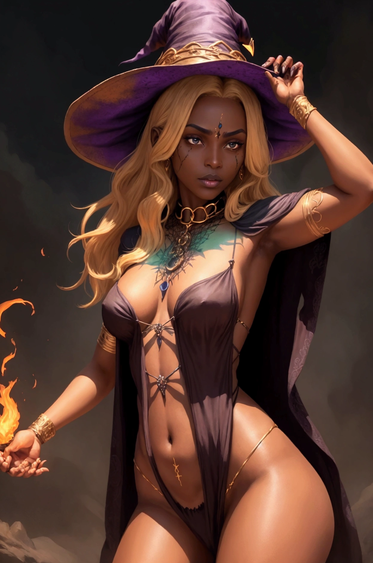 a witch witch a dark brown skin and a scar in her neck that goes down her chest, golden hair posing in a dynamic manner
