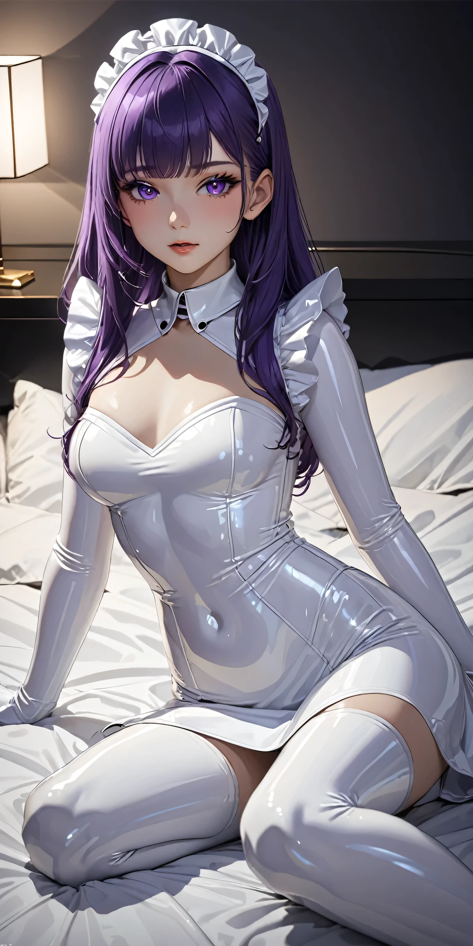 Portraiture、(masterpiece,Highest quality,Ultra-high resolution),Japanese women,Komi Shouko,(purple long hair & purple eyes),(((Very beautiful 1 girl))),(White latex maid outfit)、(White latex long skirt)、(White latex long sleeve shirt)、White latex long gloves、White latex socks、Latex bodysuit、Latex is very shiny、Dark bedroom at night、