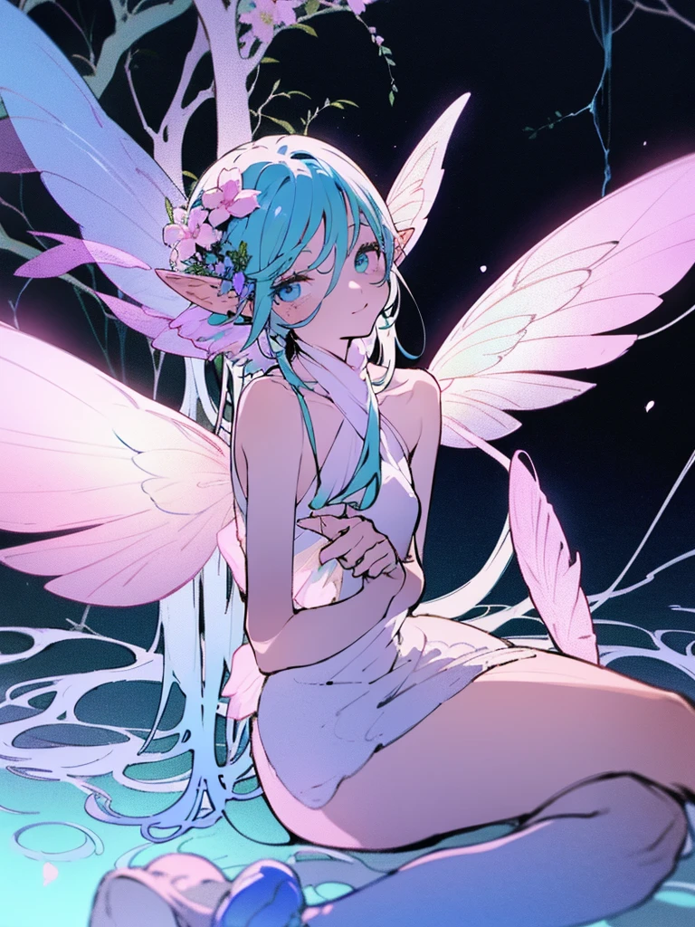 araffe fairy sitting on a flower with a fairy wings on her back, smile, happy, looking at viewer, fairycore, ethereal fairytale, ethereal!!!!!!!, ethereal fantasy, fairy aesthetics, ethereal beauty, ethereal and dreamy, faerie, ethereal flowerpunk, ethereal!!!, very beautiful elven top model, astral fairy, beautiful adult fairy, a stunning young ethereal figure, dreamy and ethereal