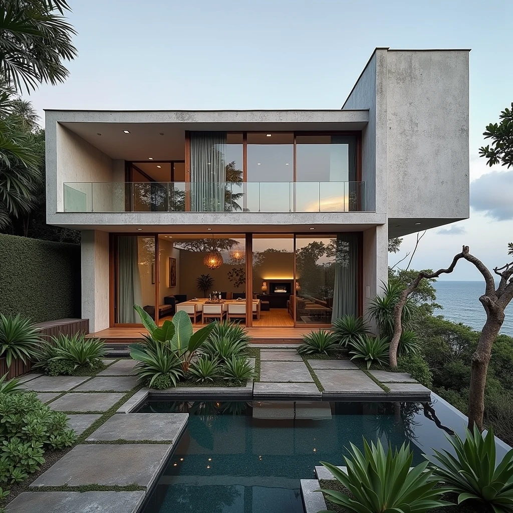 A wide angle shot shows the front view of a contemporary two-story villa with white walls and glass windows, design by Tadao ando,surrounded by lush greenery. It features an outdoor pool area overlooking the ocean at natural light. Stone pathways lead to multiple pools within the yard, adorned with vibrant tropical plants,architecture photography award, iwan baan, Taken on a Canon EOS R5 using a Canon RF 24-70mm f/2.8L IS USM lens at an F3.2 aperture setting in the style of Canon --ar 16:9 --c 5 --s 50 --v 6.0