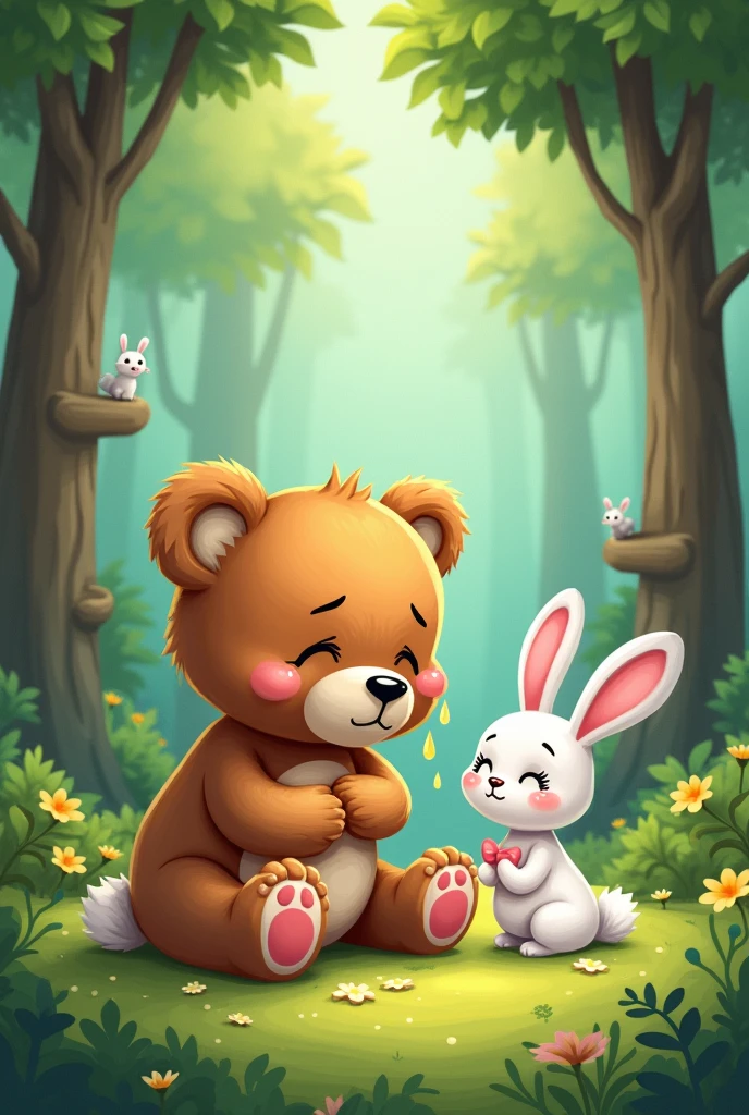 Create a cartoon image of a crying teddy bear in the forest, and a white rabbit in a cartoon