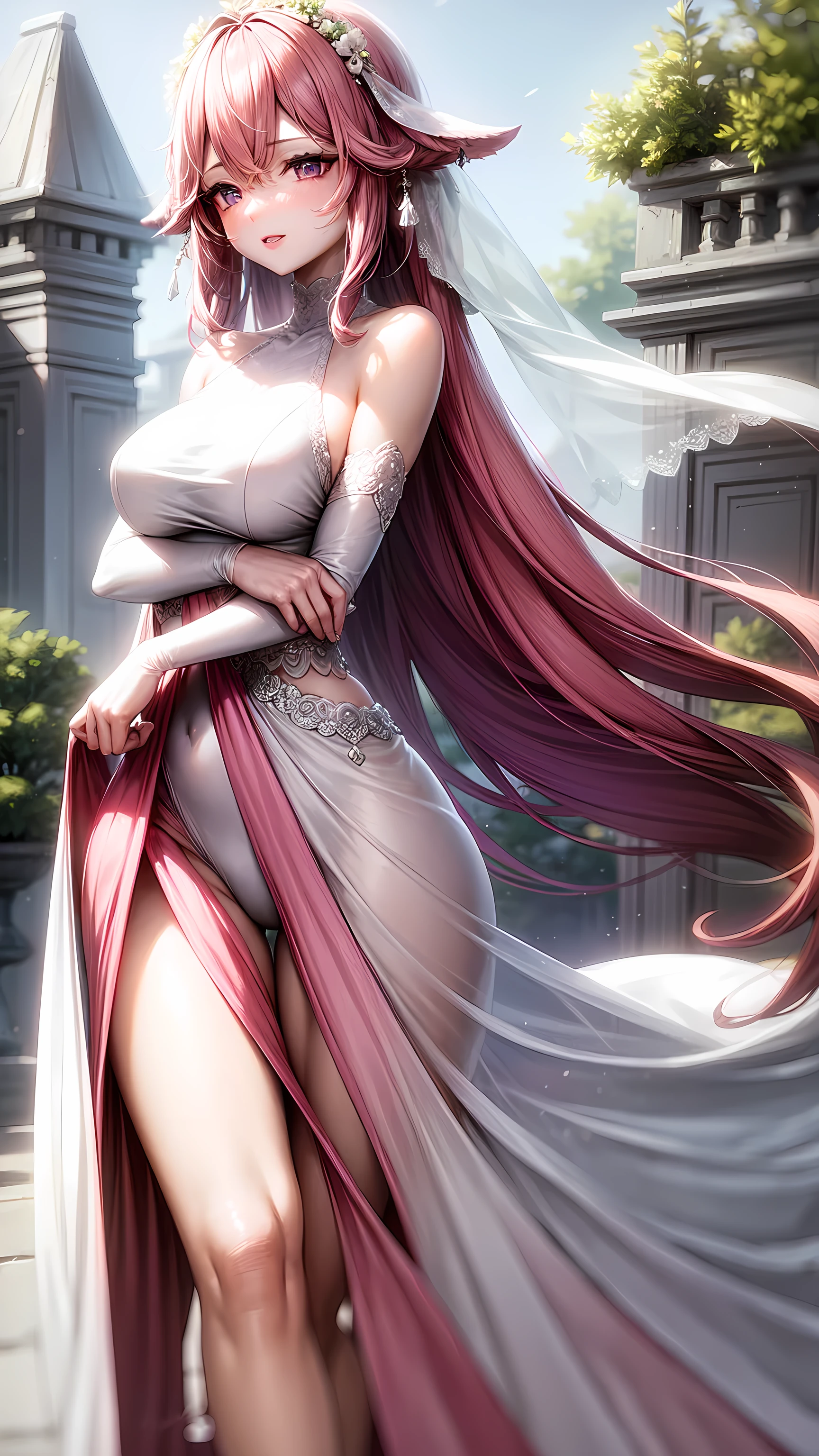 purple eyes,Wedding dress,long skirt,pink hair