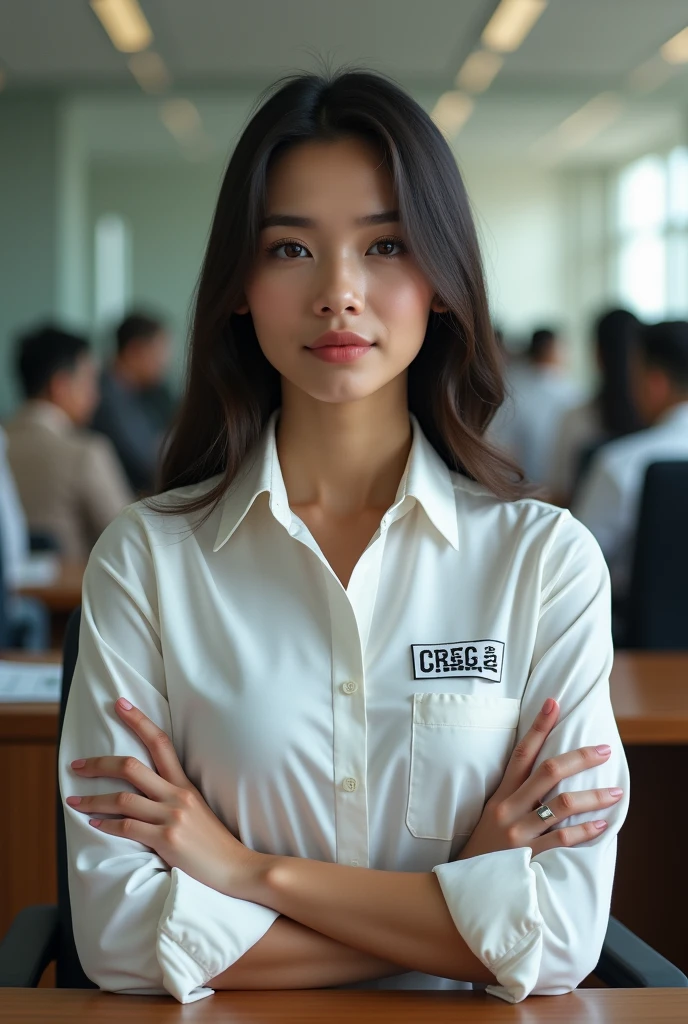 Create a realistic image of a young lady in a white shirt . That on the chest is written in capital letters : "CRECE MASS". In addition, the young lady is sitting with her arms crossed in a financial institution.