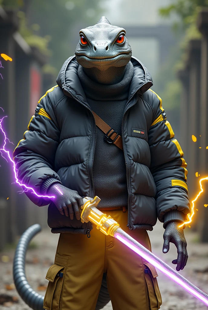 A grey lizard with yellow stripes that wears a black mix with grey and yellow line puffer jacket. Also that wears khaki loosepants. The grey lizard holding a purple energy sword. Add some purple lightininng on the sword.. and its yellow stripes on the body wothe some yellow lightining on it.