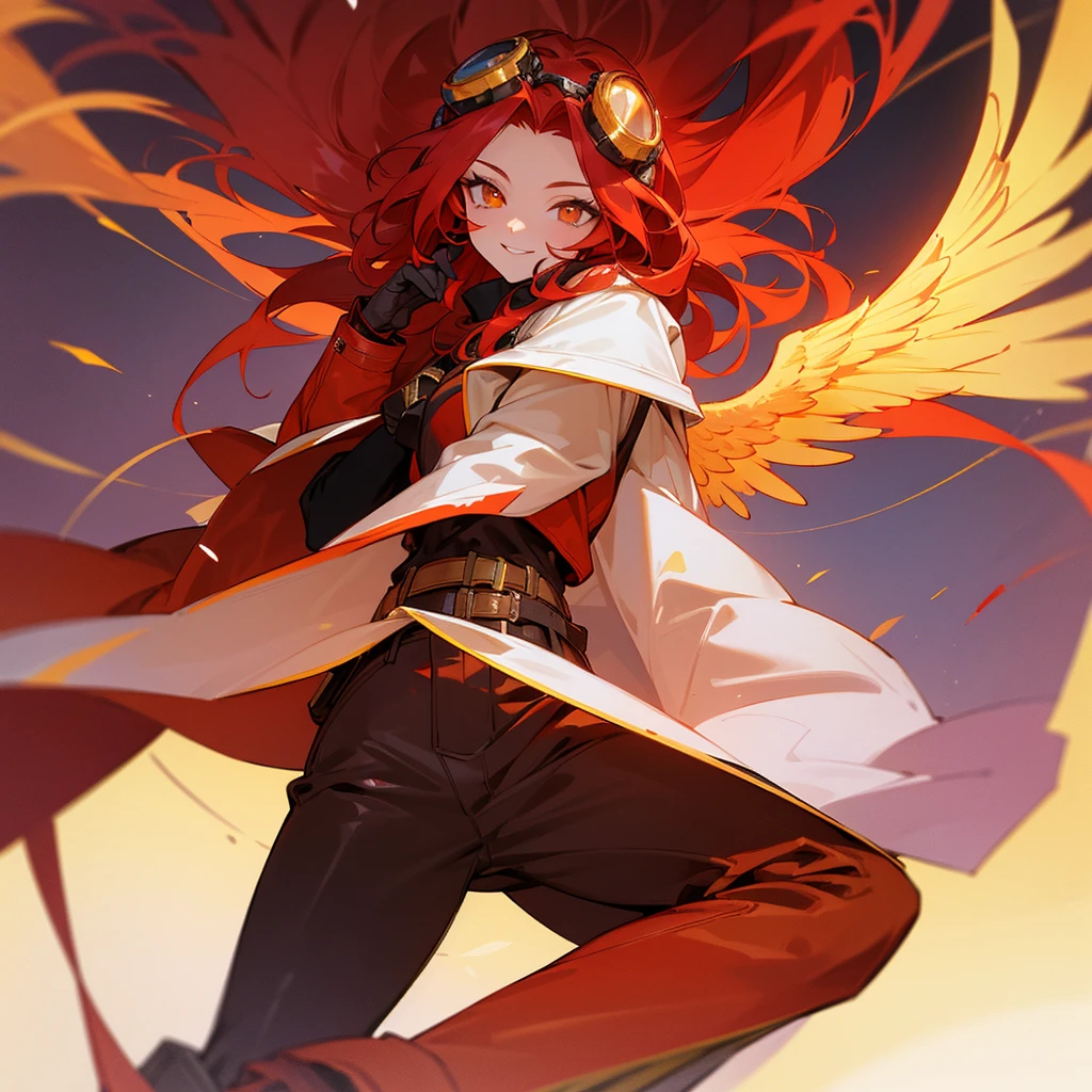 red hair, woman, female, looking at viewer, long hair, center part, golden eyes, gradient eyes, with irises, fair skin, with red angel wings on back, coat, pants, gloves, long boots, belt, Goggles on head, fantasy, smile