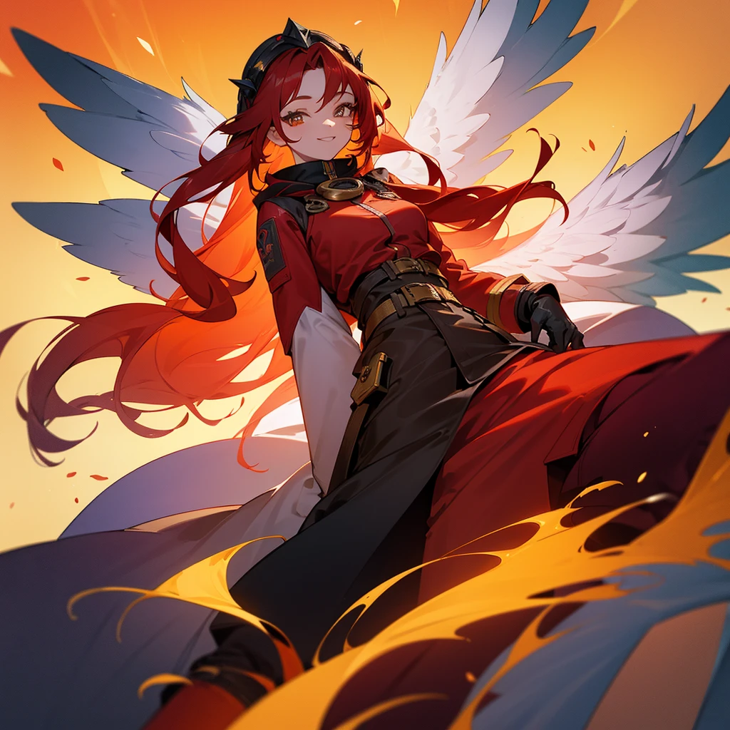 red hair, woman, female, looking at viewer, long hair, center part, golden eyes, gradient eyes, with irises, fair skin, with red angel wings on back, coat, pants, gloves, long boots, belt, Goggles on head, fantasy, smile
