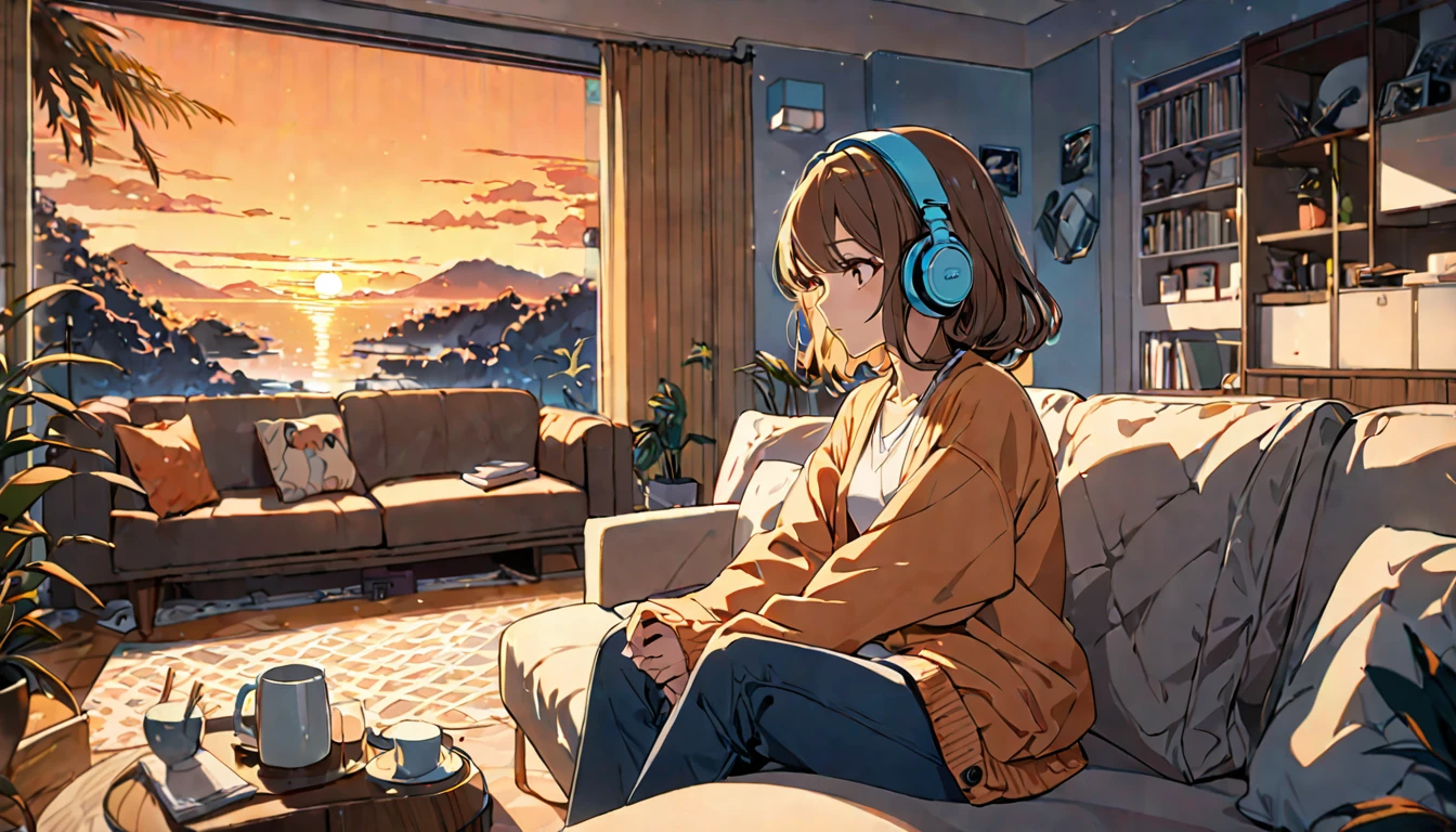 (Brown haired woman wearing headphones), (Relaxing in the living room in the evening listening to background music), (Very detailed, masterpiece, Highest quality, bright), (Anime Style)
background: Orange sky at sunset: Calm and relaxed look: Light cardigan and pants pose: Sitting on the sofa、A scene of people relaxing in a relaxed posture: In a calm space at dusk、Relaxing time surrounded by background music
