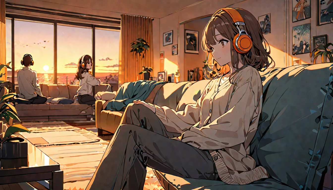 (Brown haired woman wearing headphones), (Relaxing in the living room in the evening listening to background music), (Very detailed, masterpiece, Highest quality, bright), (Anime Style)
background: Orange sky at sunset: Calm and relaxed look: Light cardigan and pants pose: Sitting on the sofa、A scene of people relaxing in a relaxed posture: In a calm space at dusk、Relaxing time surrounded by background music